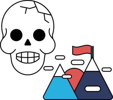 Arka planda dağlar ve bayrak olan bir kafatası çizilir. Kafatası gülümsüyor ve arkasında bir bayrak var.