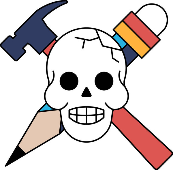 Череп с молотком и карандашом на нем. Череп улыбается и выглядит озорно.