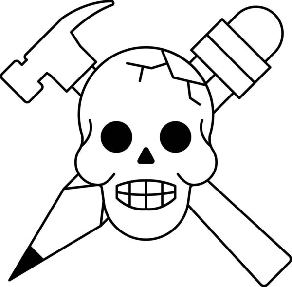 Череп с молотком и карандашом на нем. Череп улыбается и выглядит озорно.