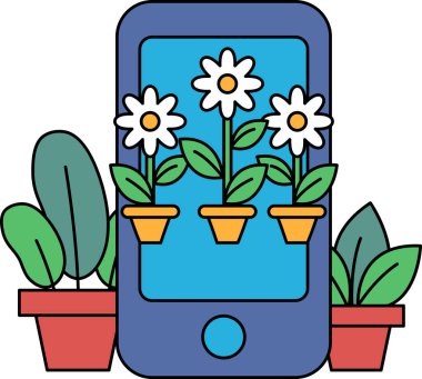 Üzerinde çiçek olan mavi bir cep telefonu. Çiçekler saksılarda ve sıra sıra dizilmiş.