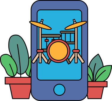 Üzerinde davul ve ziller olan bir cep telefonu. Davul sarı ve ziller turuncu. İmajın neşeli ve eğlenceli bir havası var.