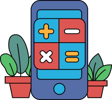 Üzerinde hesap makinesi uygulaması olan bir telefon. Hesap makinesi uygulamasının yeşil arkaplanı olan kırmızı ve mavi bir ekranı vardır. Arka planda iki saksı bitkisi var.