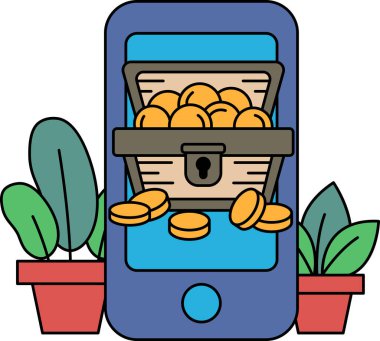 Üzerinde hazine sandığı ve bir sürü altın para olan bir telefon. Sahne maceralı ve heyecan verici.