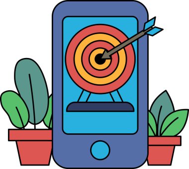 Üzerinde kırmızı ve sarı bir hedef olan bir cep telefonu. Hedef yeşil yapraklar ve kırmızı çiçeklerle çevrili.
