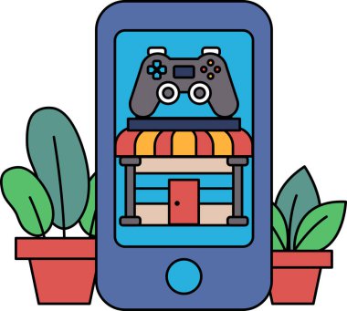 Üzerinde video oyunu kumandası olan bir cep telefonu. Görüntü kırmızı kapılı ve yeşil tabelası olan bir mağaza.