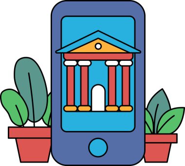 Üzerinde bina olan bir telefon. Bina bir banka. Telefon mavidir. Telefonun yanında iki saksı bitkisi var.