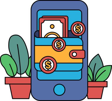 Üzerinde cüzdan ve bir sürü bozuk para olan bir cep telefonu. Cüzdan mavi ve sarı.