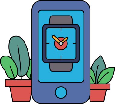 Üzerinde saat olan mavi bir cep telefonu iki saksı bitkisinin yanında duruyor.