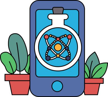 Mavi arka planı olan mavi bir cep telefonu ve ortasında beyaz nokta olan kırmızı ve sarı bir daire.