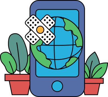 Üzerinde bandaj olan bir cep telefonu ve üstünde de bir küre. Dünya yeşil yapraklarla çevrili.