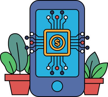 Üzerinde dolar işareti olan bir cep telefonu yeşil bitkilerle çevrilidir. Teknoloji ve doğa kavramı bir araya geliyor.