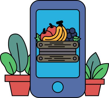 Telefon ekranında muz ve üzümlerden oluşan bir sepet meyve var. Tazelik ve bolluk kavramının yanı sıra sağlıklı beslenme fikri