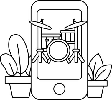 Üzerinde davul olan bir cep telefonunun siyah beyaz çizimi. Varil bitkilerle çevrilidir ve telefon bir masanın üzerine yerleştirilir. Çizim yaratıcılık ve ilham veriyor.