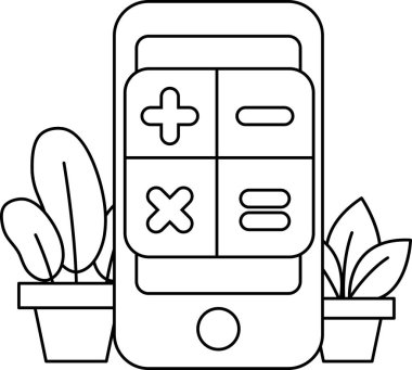 Üzerinde hesap makinesi uygulaması olan bir telefon. Hesap makinesi uygulamasının yeşil ve beyaz bir arka planı vardır. Telefon saksı bitkisinin yanına yerleştirilmiş.