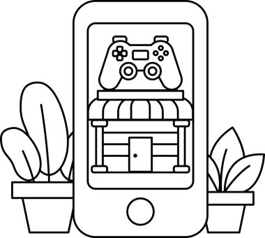 Üzerinde video oyunu kumandası olan bir cep telefonu. Bir ev ve saksı bitkisi olan bir dükkanın resmi.