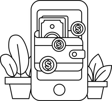 Üzerinde cüzdan ve bir sürü bozuk para olan bir cep telefonu. Cüzdan para dolu ve madeni paralar etrafa saçılmış. Zenginlik ve bolluk kavramı