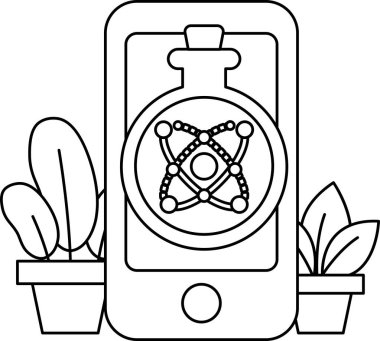 Bir cep telefonu bir bitkinin yanındaki masanın üzerinde duruyor. Telefon siyah-beyaz ve ekranında küçük, yuvarlak, parıldayan bir küre var. Küre daha küçük dairelerle çevrili.