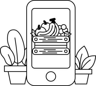 Üzerinde meyve ve sebze resmi olan bir telefon. Telefon saksı bitkisinin yanına yerleştirilmiş.