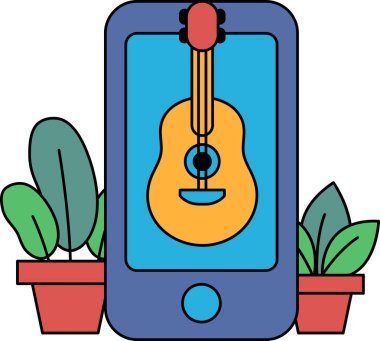 Üzerinde gitar olan bir cep telefonu. Gitar sarı ve turuncu. Arka planda iki saksı bitkisi var.