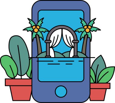 Ekranında palmiye ağacı ve gölgelik olan mavi bir cep telefonu. Palmiye ağacı ön planda ve tepe örtüsü de arka planda.