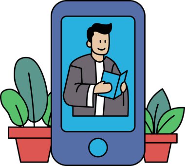 Bir adam elinde bir kitap tutuyor ve kameraya gülümsüyor. Üzerinde bir adam olan bir telefonun görüntüsü.