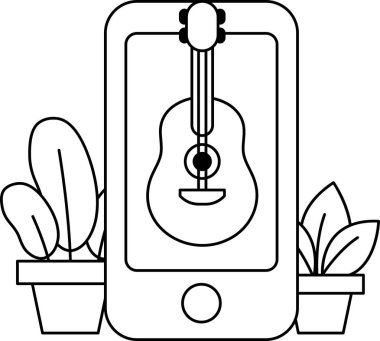 Üstünde gitar olan bir cep telefonu mu? Cep telefonu bir saksı bitkisi ve cep telefonunun sağ tarafında saksı bitkisi olan bir masanın üzerine yerleştiriliyor.