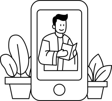 Telefonda kitap okuyan bir adam var. Adam gülümsüyor ve kitap açık. Arka planda bitkiler ve saksı bitkileri var.