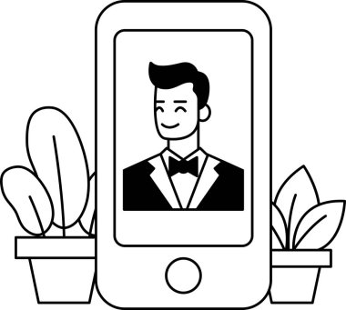 Bir adam telefonda kameraya gülümsüyor. Adam takım elbise ve kravat takıyor.