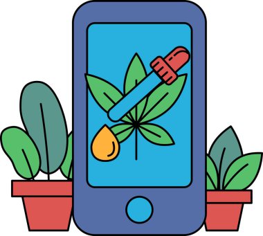 Üzerinde bitki olan bir cep telefonu ve yanında da bir şişe sıvı. Bitki yeşil yapraklarla çevrili ve şişe kırmızı. Bitki gibi rahatlama ve sağIık kavramı