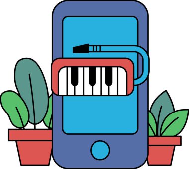 Üzerinde klavye olan bir telefon. Klavye kırmızı ve beyaz. Telefon mavi.