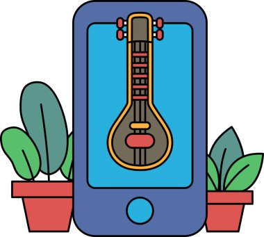 Üzerinde gitar olan bir cep telefonu. Gitar mavi bir arka planda. Arka planda yeşil yapraklar ve kırmızı bir çiçek var.