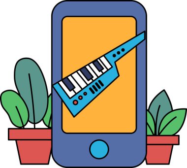 Üzerinde klavye olan mavi bir cep telefonu. Arka planda iki saksı bitkisi var.