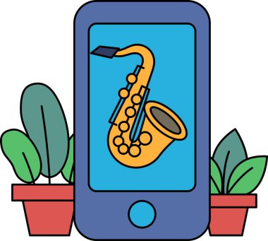 Ekranında saksafon olan bir cep telefonu. Telefon mavi ve saksafon sarıdır. Arka planda yeşil yapraklar ve saksı bitkileri var.