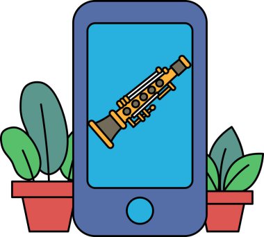 Ekranında müzik aleti olan bir cep telefonu. Enstrüman bir trompet. Görüntünün neşeli ve yaratıcı bir havası var. Trompet ve telefon bir bahçeye yerleştiriliyor.