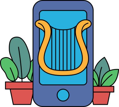 Üzerinde arp olan mavi bir cep telefonu. Arp turuncu ve telefonun tam ortasındadır. Arka planda iki saksı bitkisi var, biri solda, biri sağda.