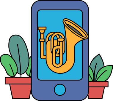 Üzerinde trompet olan bir cep telefonu. Trompet sarıdır ve mavi bir arka planı vardır. İmajın neşeli ve eğlenceli bir havası var.