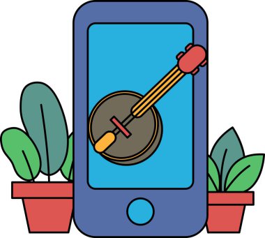 Üzerinde gitar olan mavi bir cep telefonu. Gitar ekranda ve telefon saksı bitkisinin önünde.