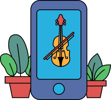 Üzerinde keman olan bir cep telefonu. Keman ekranda, cep telefonu da masanın üstünde.