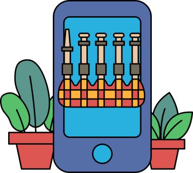 Üzerinde ekose etek resmi olan mavi bir cep telefonu. İskoç eteği beş çubukla çevrili.