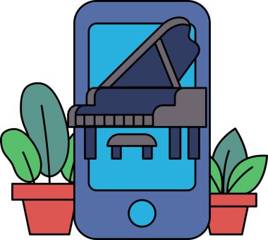 Üzerinde piyano olan mavi bir cep telefonu. Piyano yeşil bitkilerle çevrili.