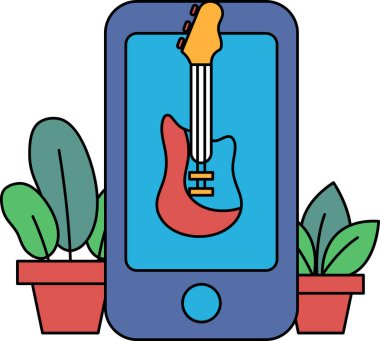 Üzerinde gitar olan bir cep telefonu. Gitar kırmızı ve siyah. Arka plan yeşil ve mavi.