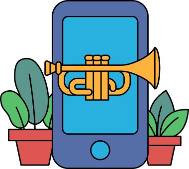 Üzerinde trompet olan bir cep telefonu saksı bitkileriyle çevrilidir. Trompet ve telefon tipik olarak birlikte görülmediğinden yaratıcılık ve sanatsal ifade kavramı