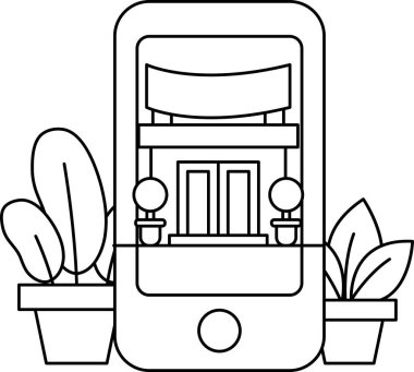 Üzerinde bina olan bir telefon. Bina bir mağaza. Telefon masanın üstünde.