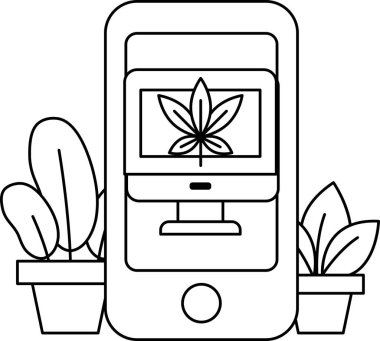 Üstünde bilgisayar monitörü olan bir cep telefonu. Monitörün üzerinde bir yaprak var. Telefon saksı bitkileriyle çevrili.