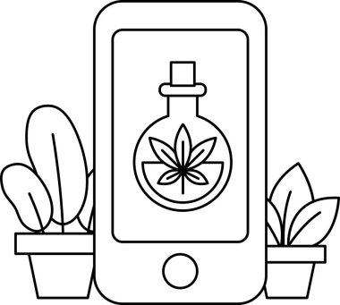 Üzerinde bitki olan bir cep telefonu. Bitki bir vazonun içinde ve etrafı başka bitkilerle çevrili.