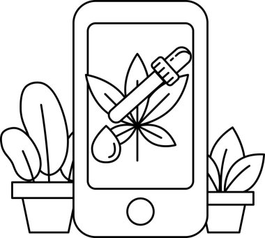 Üzerinde yaprak olan bir cep telefonu saksı bitkisinin yanında bir masanın üzerinde. Telefon siyah beyaz.