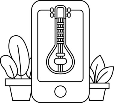 Üzerinde gitar olan bir cep telefonu. Gitar bir sitar. Sitar bitkilerle çevrili.