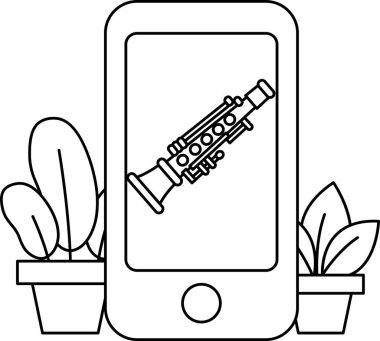 Üzerinde trompet olan bir cep telefonu saksı bitkisinin yanında duruyor. Trompet müziğin sembolü olduğu için yaratıcılık ve sanatsal ifade kavramı