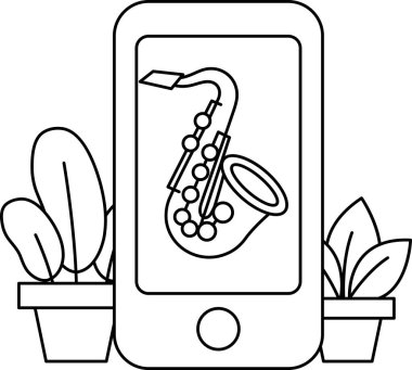 Ekranında saksafon olan bir cep telefonu. Telefon saksı bitkisinin yanına yerleştirilmiş.