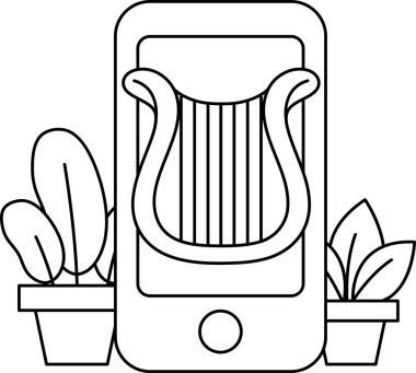 Üzerinde arp olan siyah beyaz bir cep telefonu çizimi. Arp bitkiler ve çiçeklerle çevrilidir. Çizim, teknoloji ve doğa arasında bir uyum ve denge hissi veriyor.